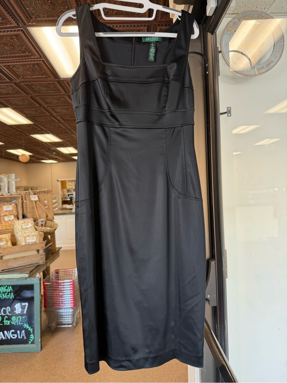 Lauren Ralph Lauren Black Satin Square Neck Sheath Dress Size 6